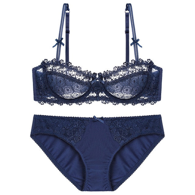 Brand Blue Lace Lingerie Bras Set Women Deep V Brassiere Black
